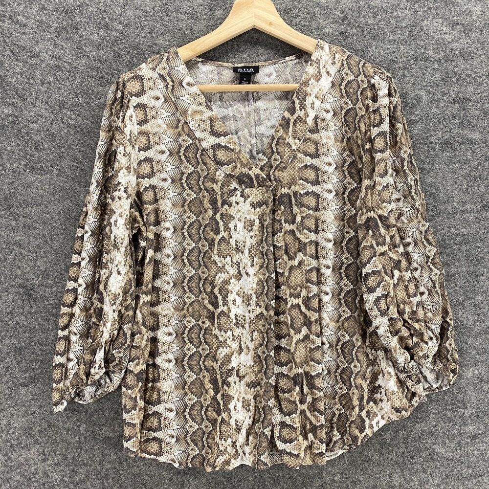 A.n.a A New Approach Top Women L Large Animal Print Long Sleeve V Neck Rayon